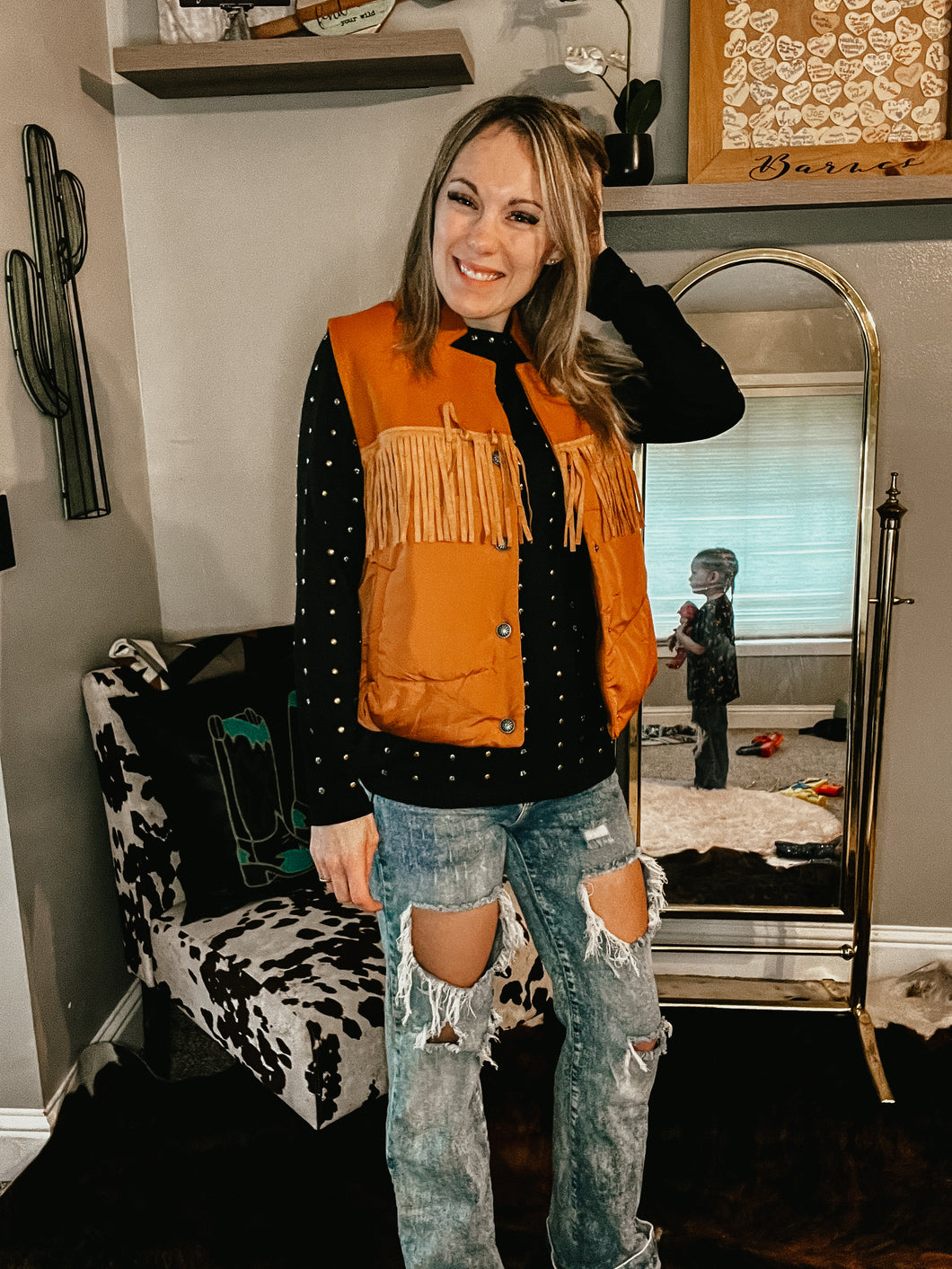 Burnt orange fringe vest