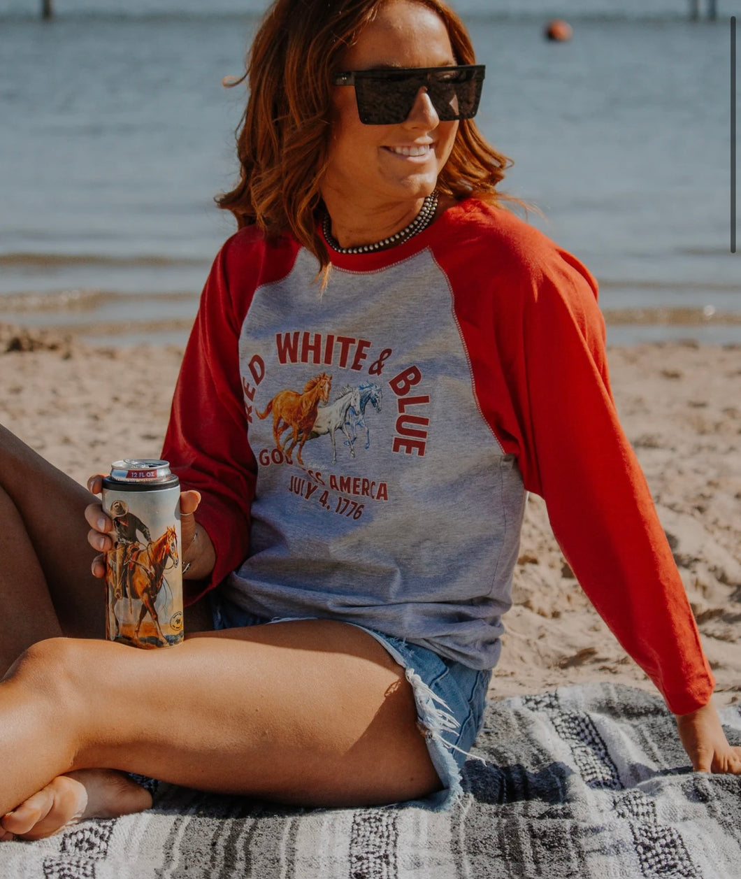 Red white & blue baseball tee