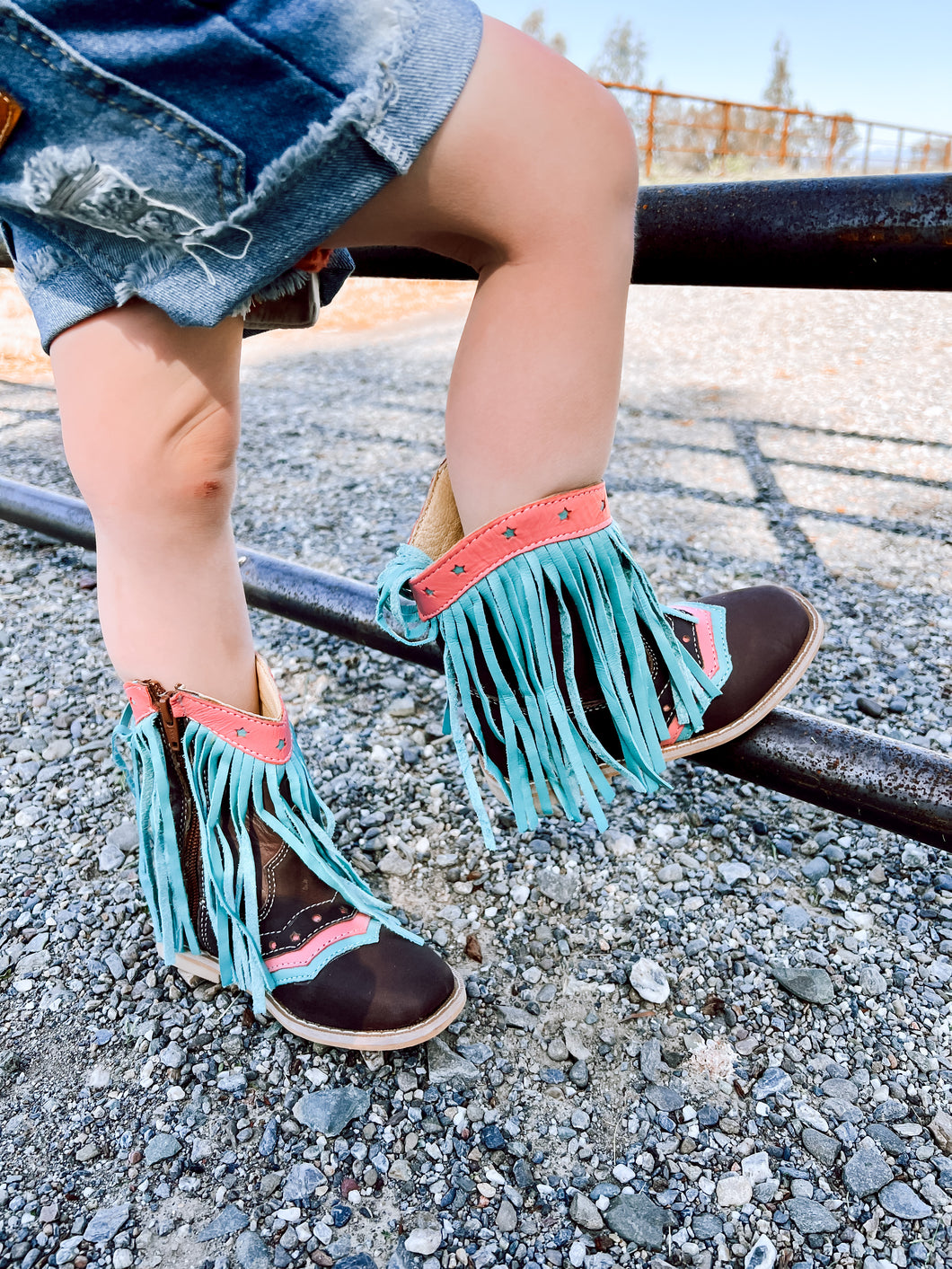 Brown turq pink fringe boots